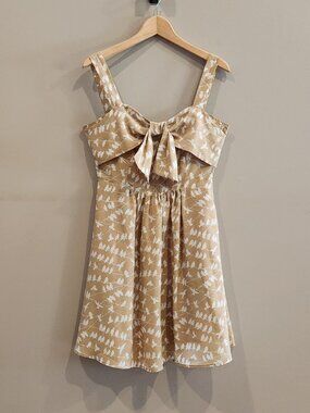 MTA Women's Bow Front Mini Dress Bird Print Tan Beige Sleeveless Medium